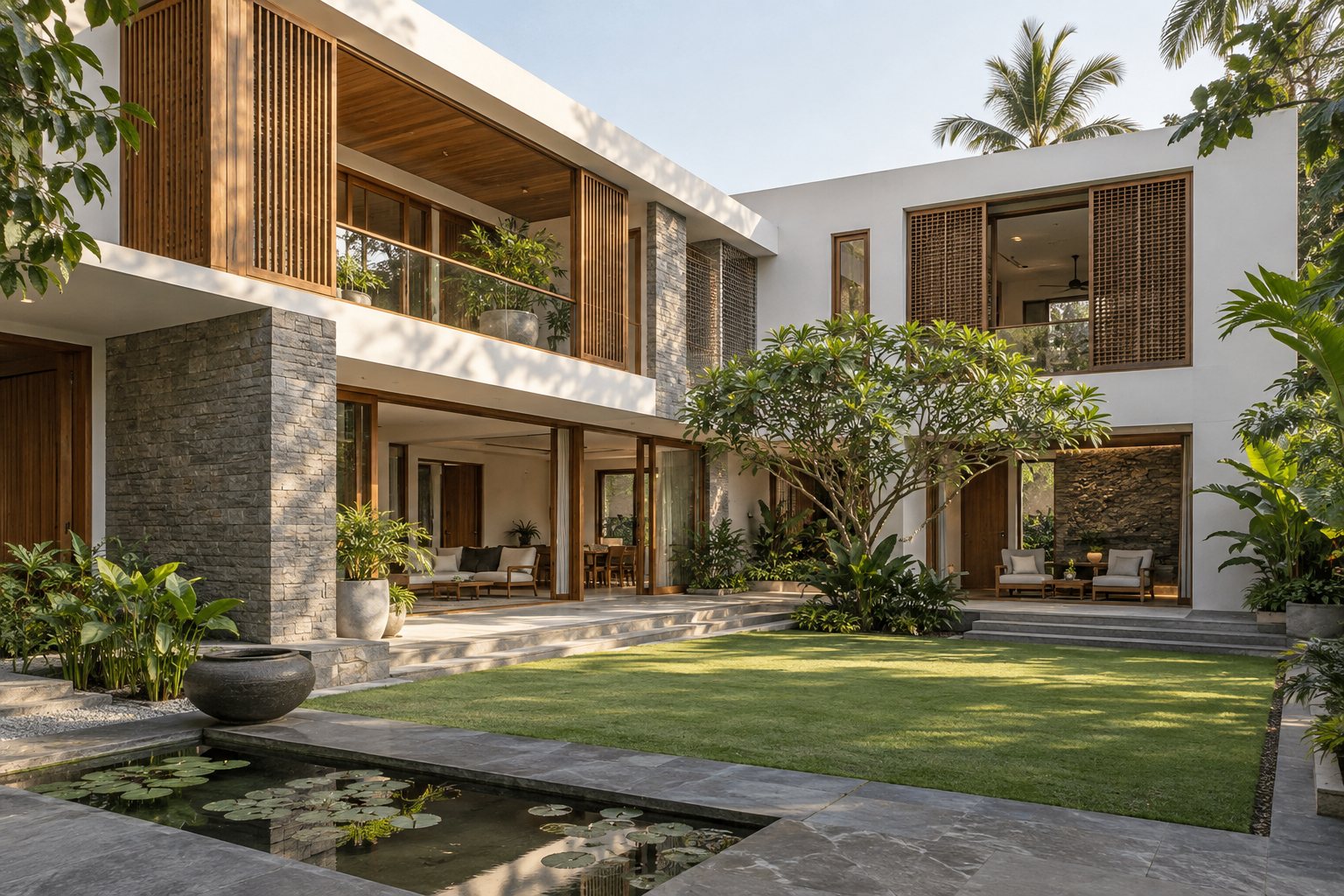 Contemporary Indian courtyard home with teak screens, natural stone and tropical planting
