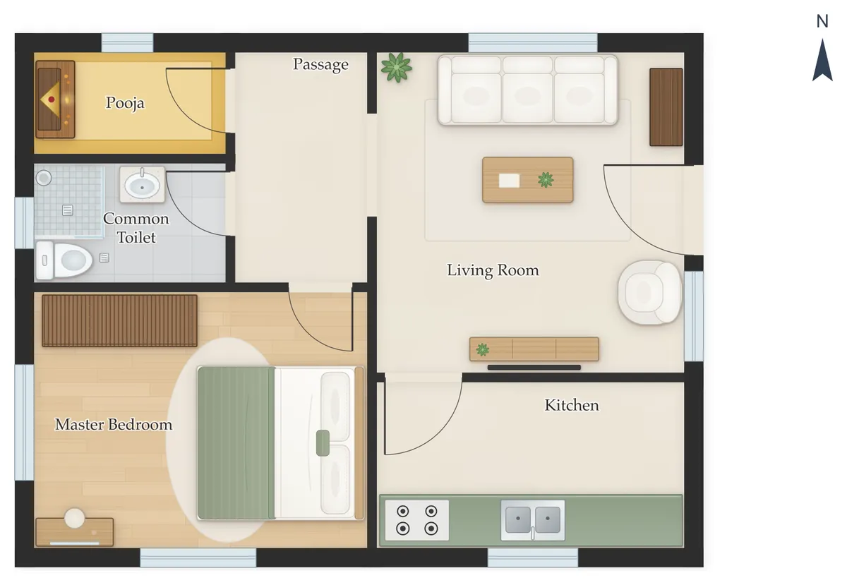 20×30 East Facing 1BHK House Plan