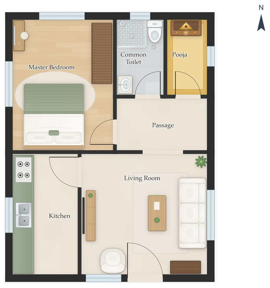 20×30 South Facing 1BHK House Plan