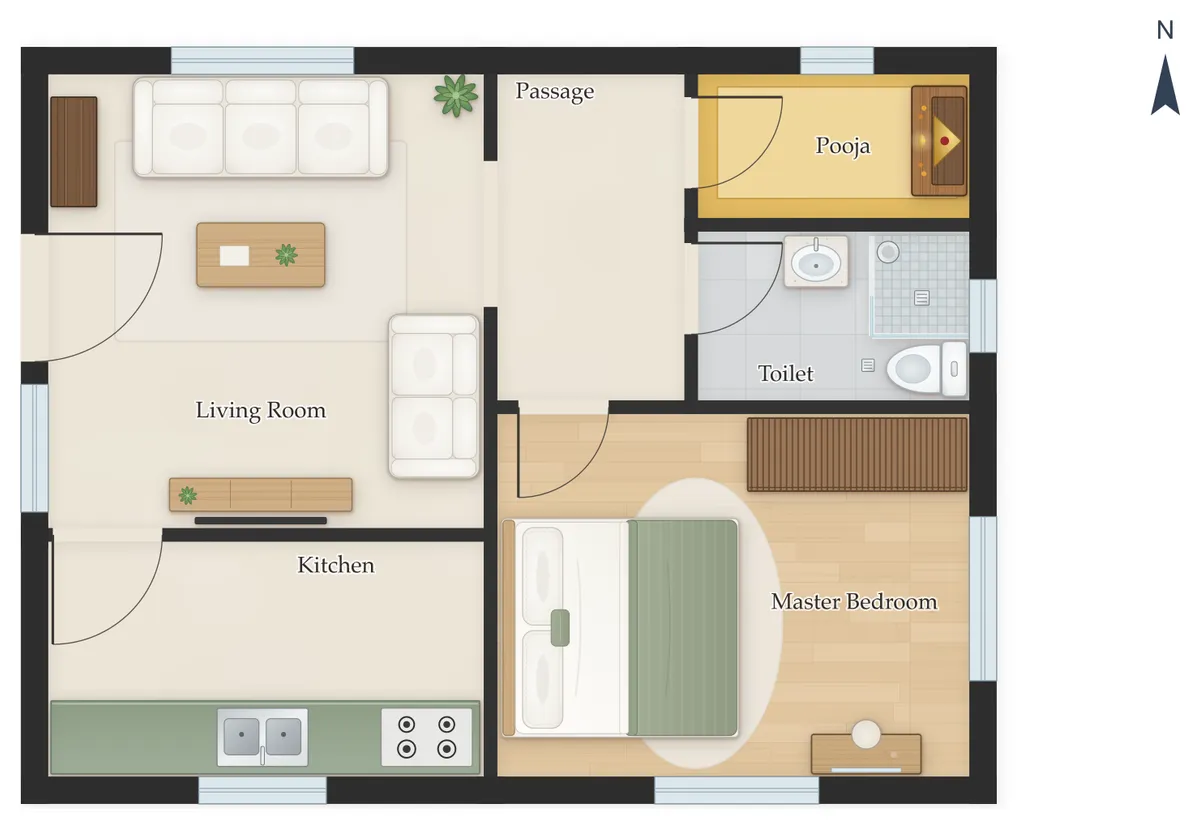 20×30 West Facing 1BHK House Plan