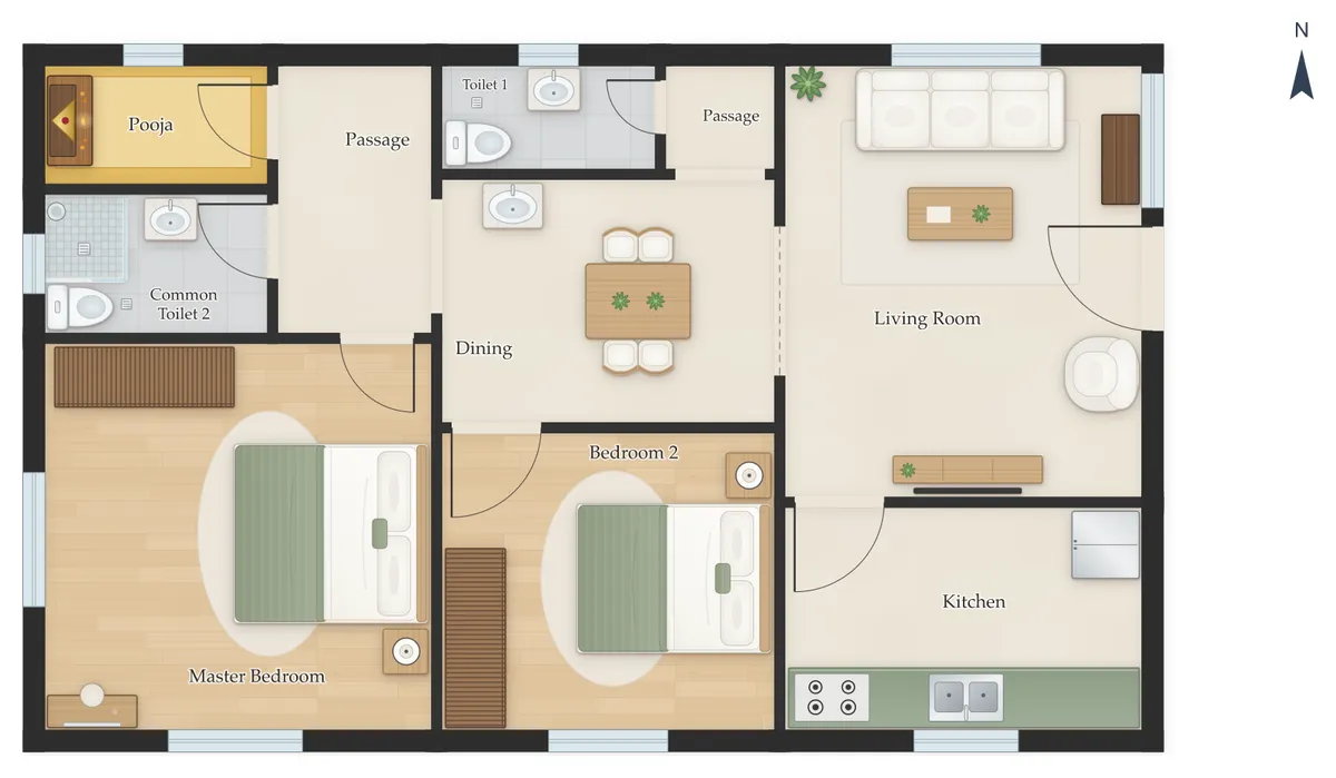 25×40 East Facing 2BHK House Plan
