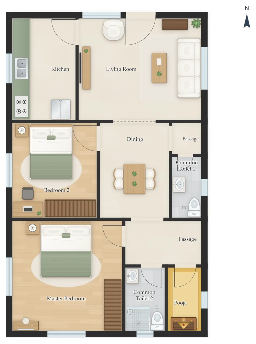 25×40 North Facing 2BHK House Plan