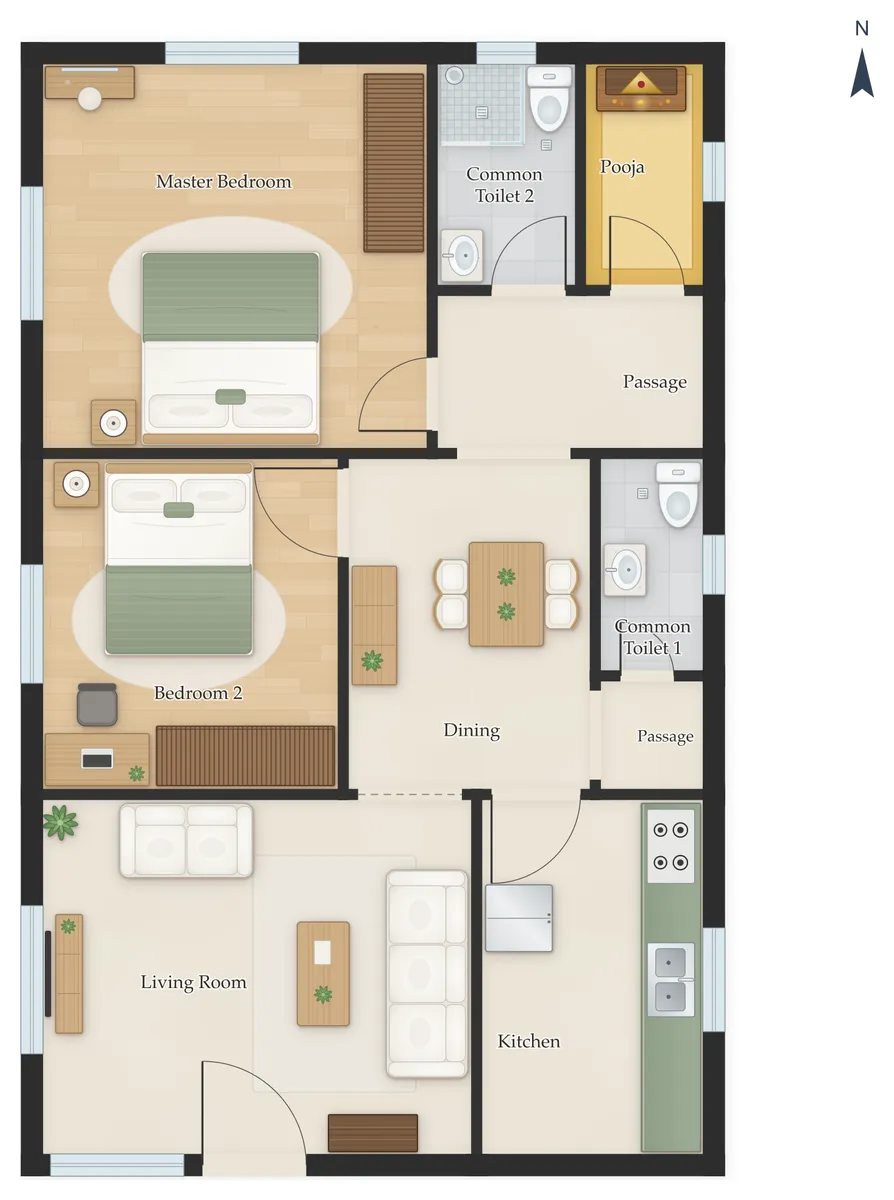 25×50 South Facing 2BHK House Plan