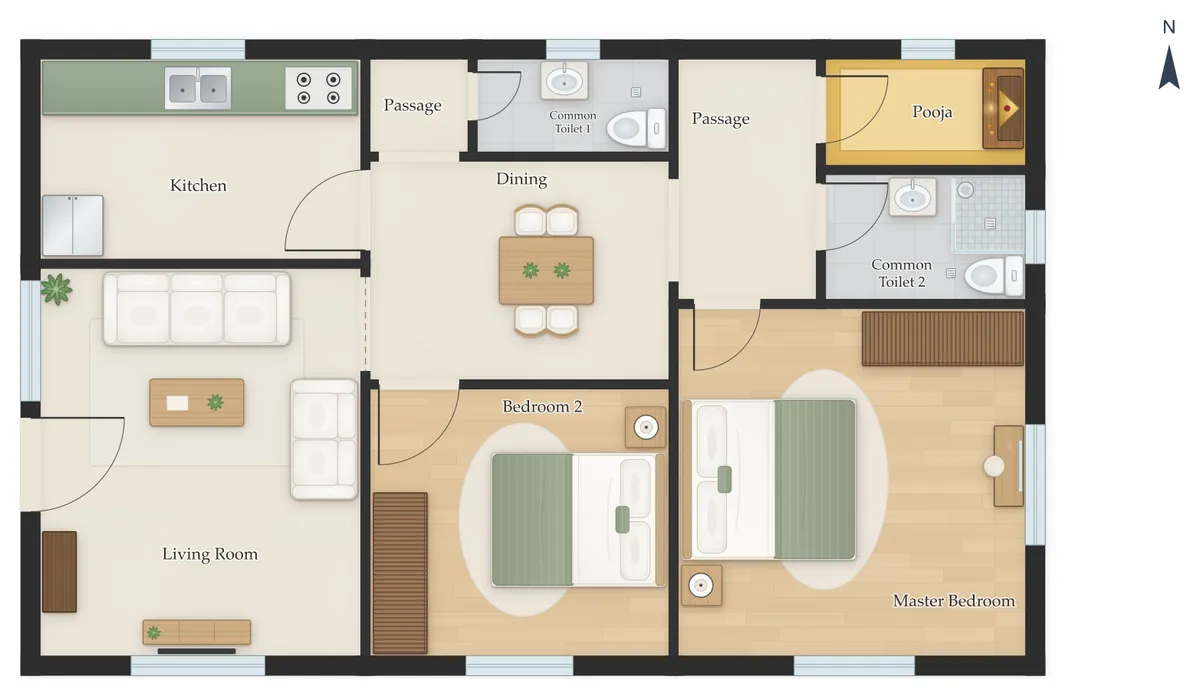 25×50 West Facing 2BHK House Plan