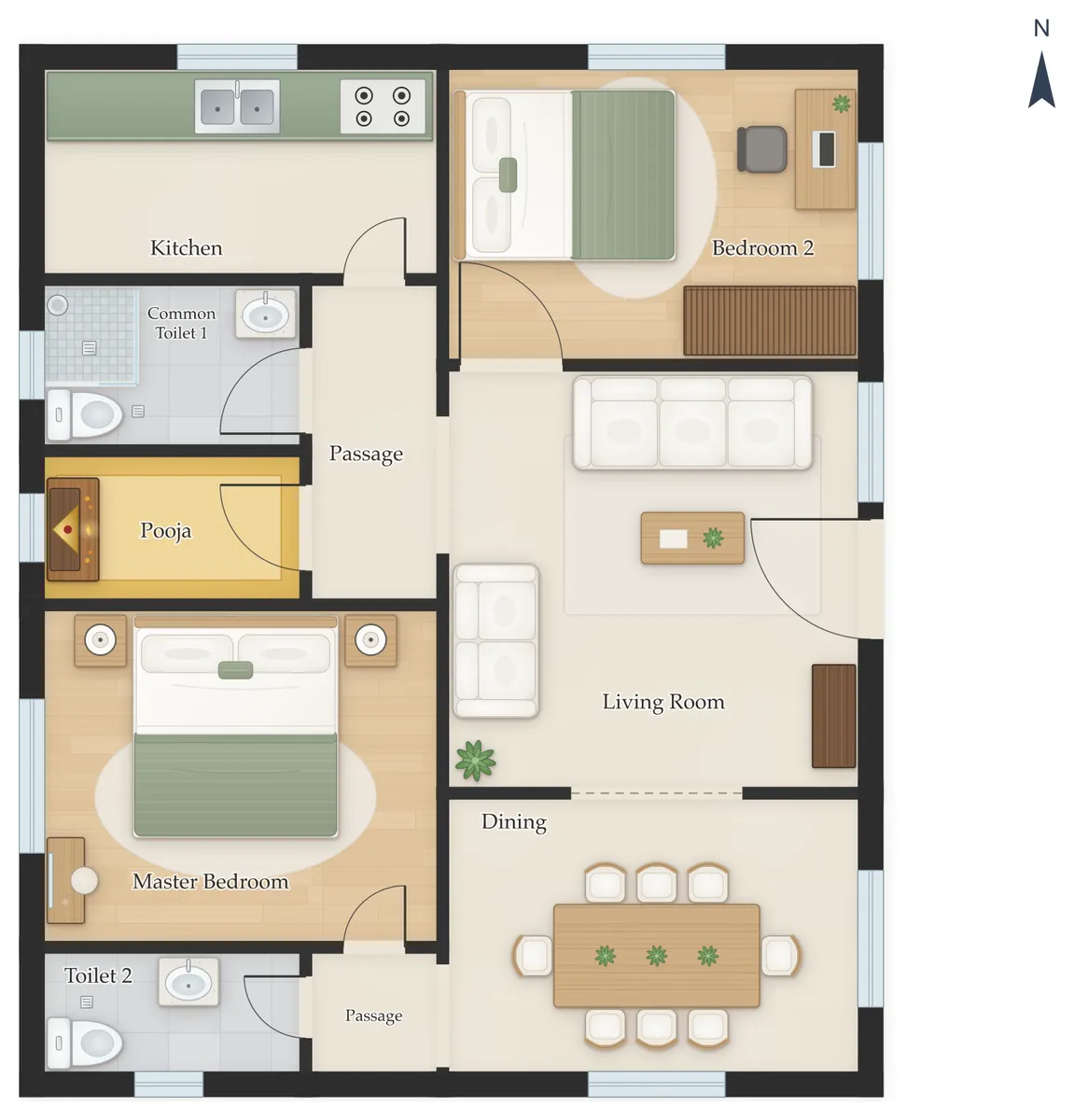 30×40 East Facing 2BHK House Plan