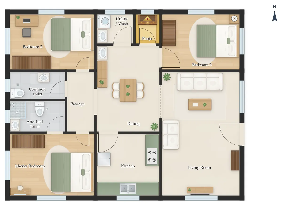 30×40 East Facing 3BHK House Plan