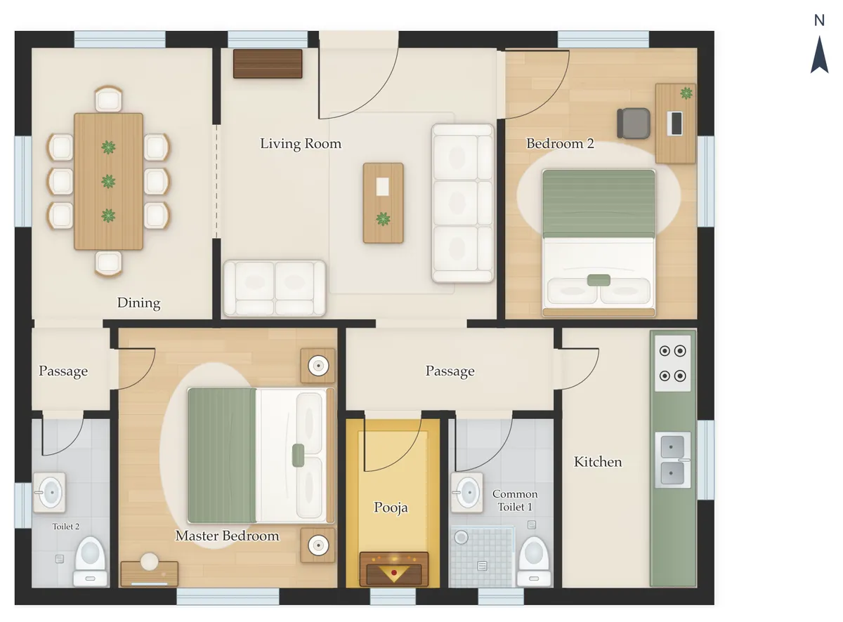 30×40 North Facing 2BHK House Plan