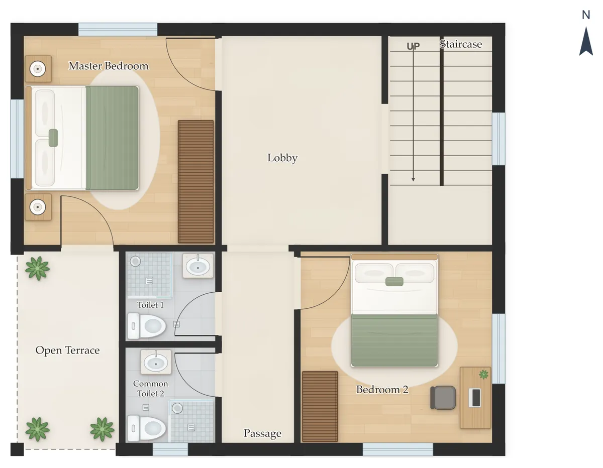 30×40 North Facing 3BHK Duplex (G+1) House Plan, first floor: Staircase, Master Bedroom, Bedroom 2, Common Toilet 1, Common Toilet 2, Open Terrace
