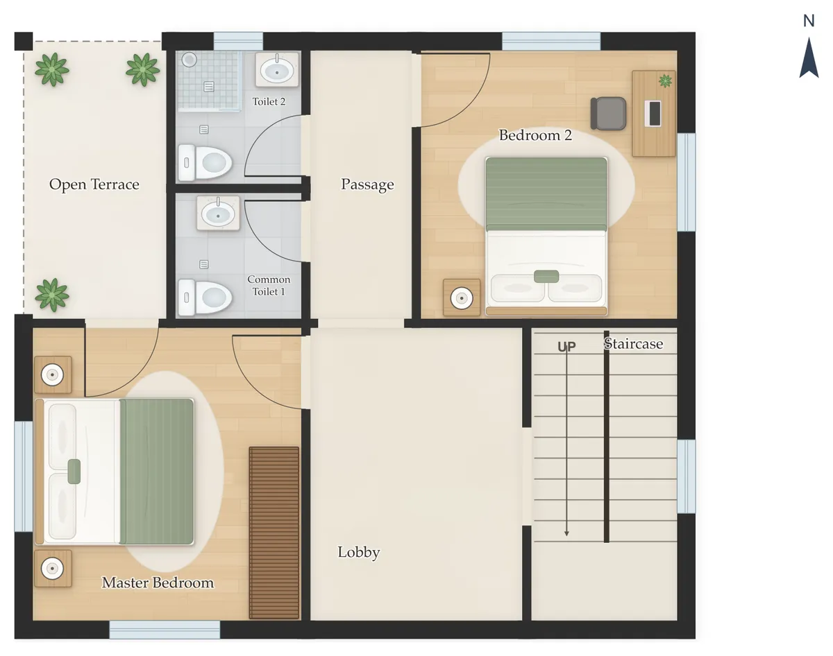 30×40 South Facing 3BHK Duplex (G+1) House Plan, first floor: Staircase, Master Bedroom, Open Terrace, Common Toilet 1, Common Toilet 2, Bedroom 2