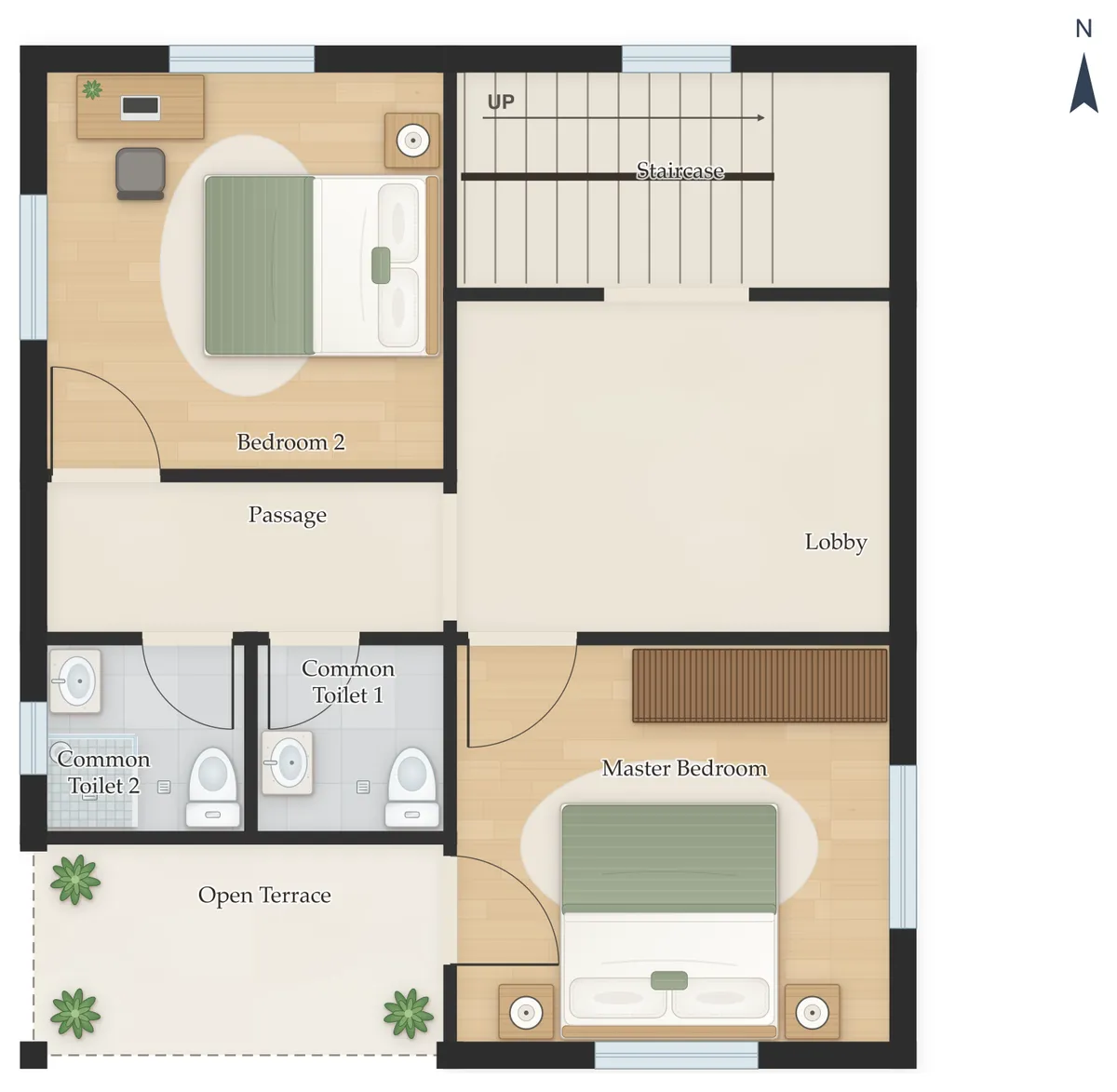 30×50 East Facing 3BHK Duplex (G+1) House Plan, first floor: Staircase, Master Bedroom, Bedroom 2, Common Toilet 1, Common Toilet 2, Open Terrace