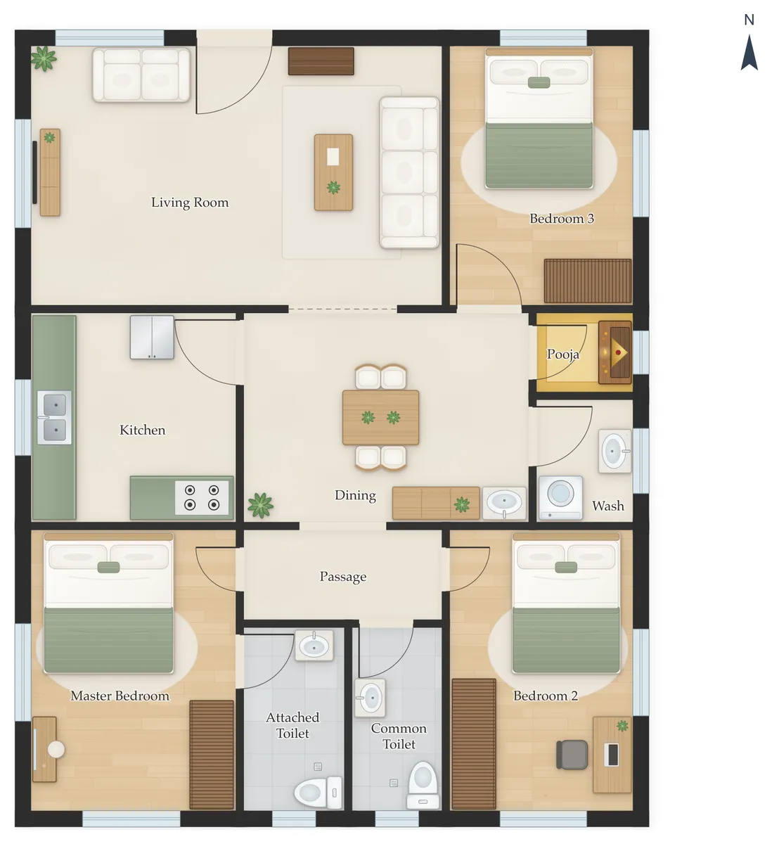 30×50 North Facing 3BHK House Plan
