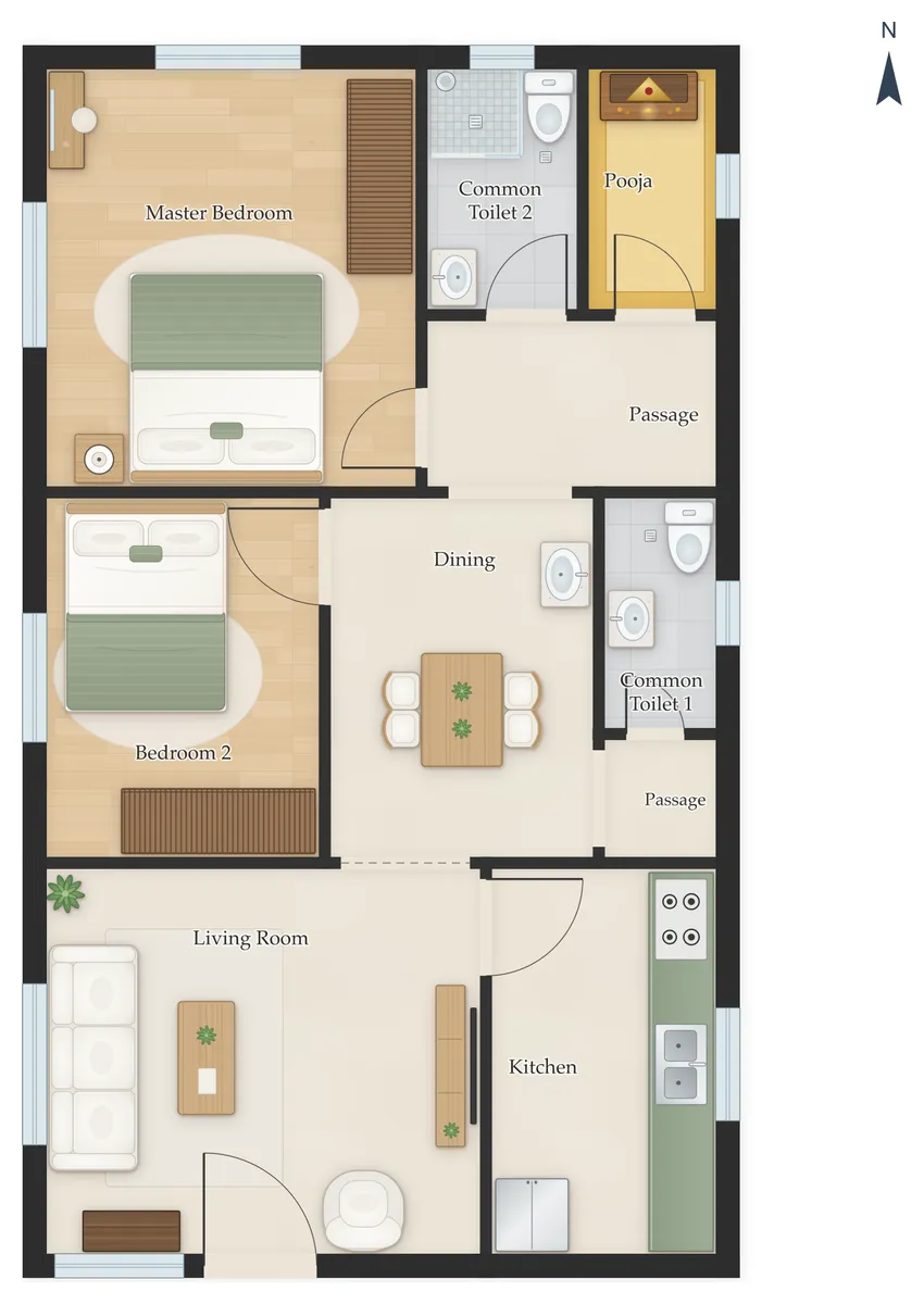 30×50 South Facing 2BHK House Plan