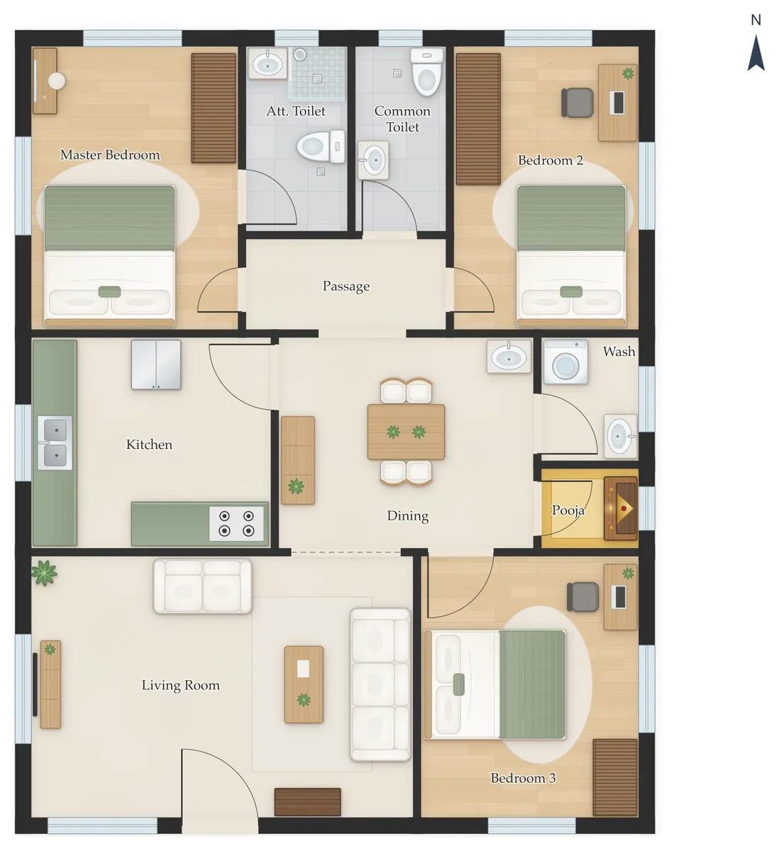 30×50 South Facing 3BHK House Plan