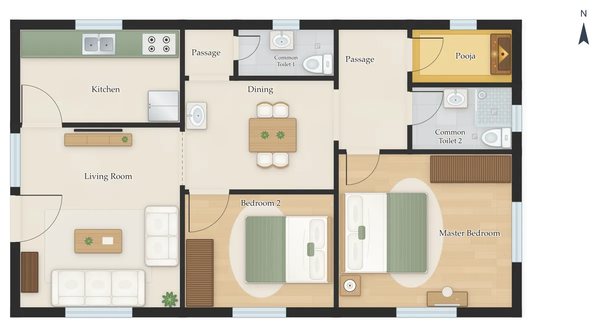 30×50 West Facing 2BHK House Plan