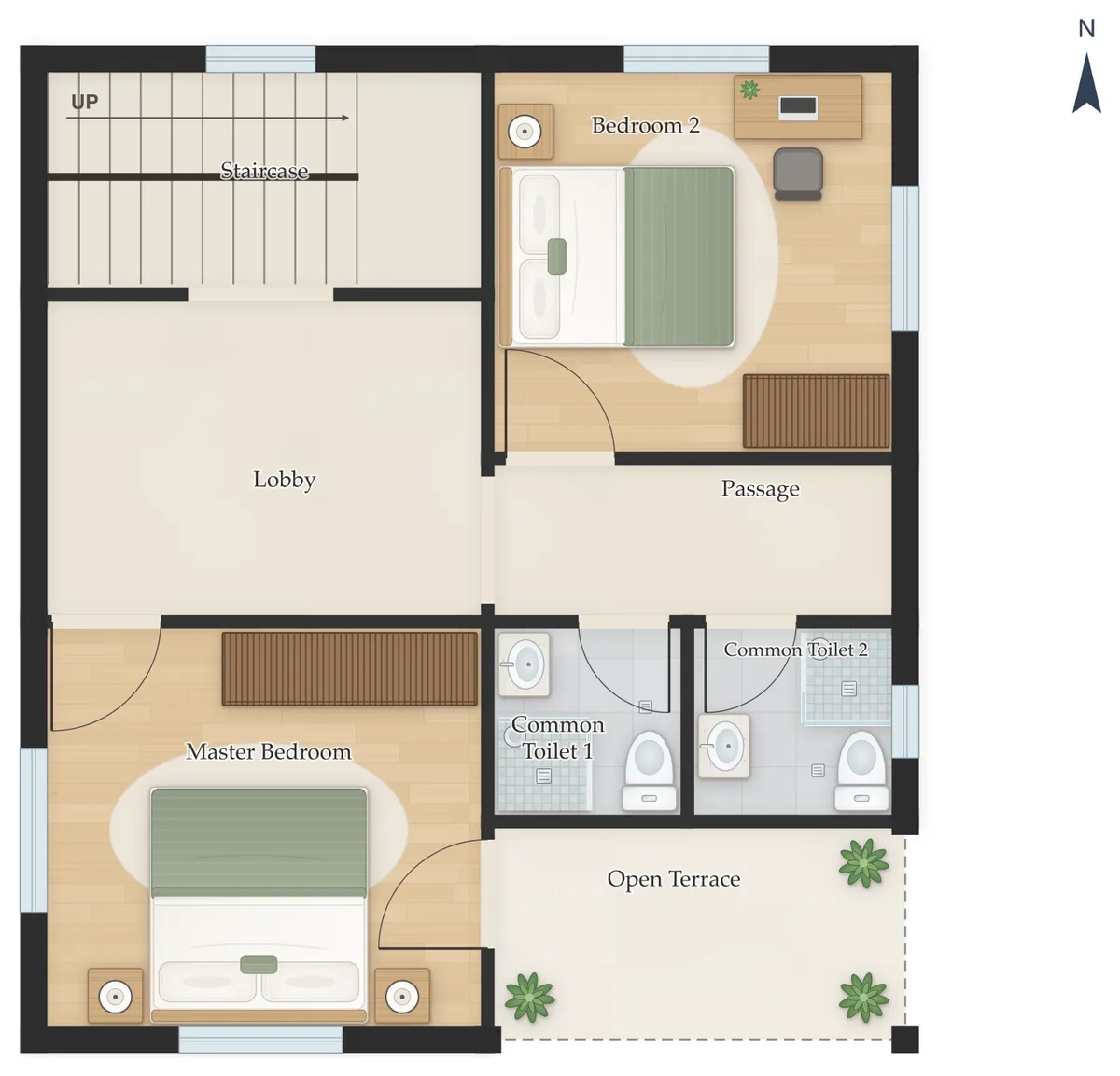 30×50 West Facing 3BHK Duplex (G+1) House Plan, first floor: Staircase, Master Bedroom, Open Terrace, Common Toilet 1, Common Toilet 2, Bedroom 2