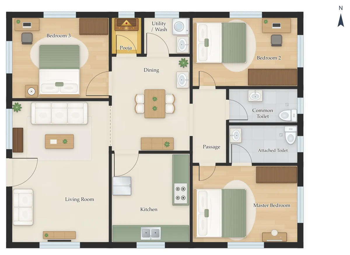 30×60 West Facing 3BHK House Plan