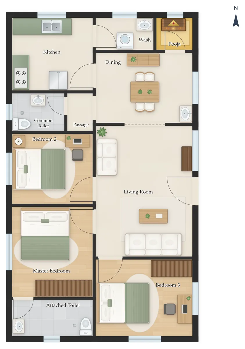 40×40 East Facing 3BHK House Plan
