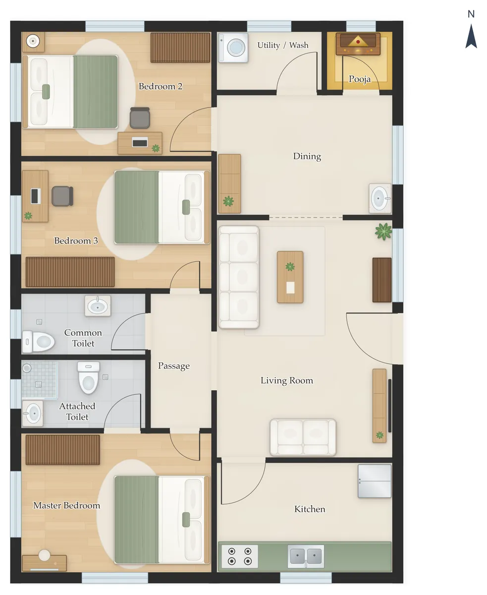 40×60 East Facing 3BHK House Plan