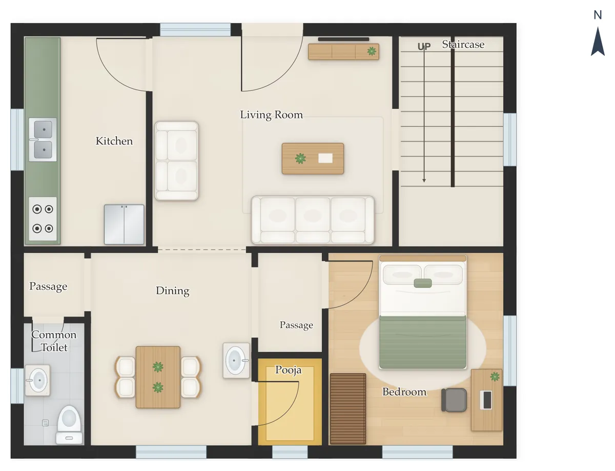 40×60 North Facing 3BHK Duplex (G+1) House Plan
