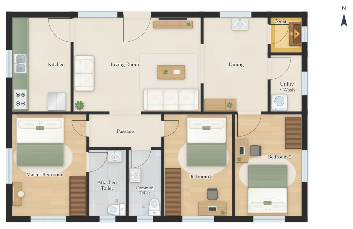 40×60 North Facing 3BHK House Plan