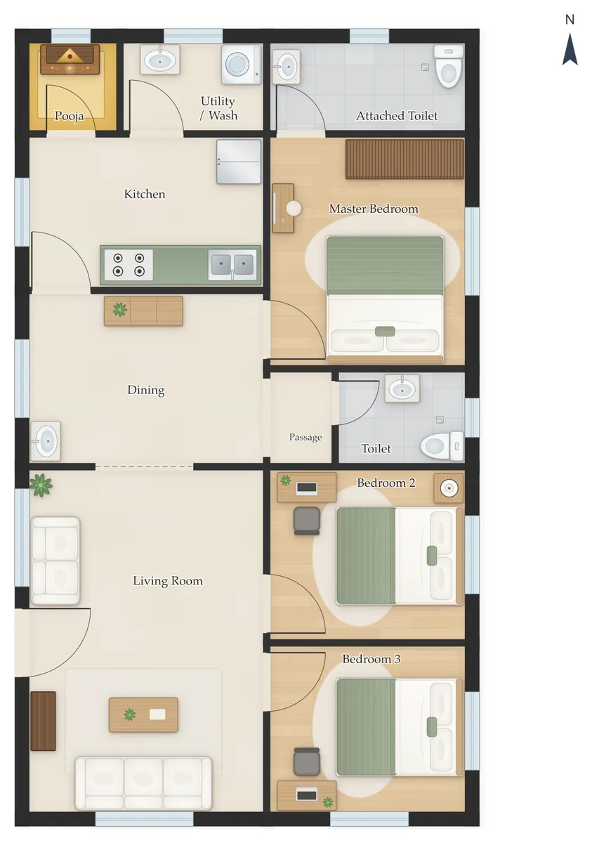 40×60 West Facing 3BHK House Plan